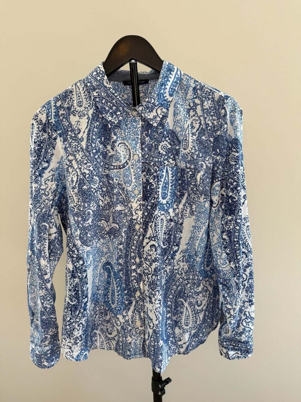 Tommy Hilfiger Blue and White Paisley Print Long Sleeve Button Down Shirt-L